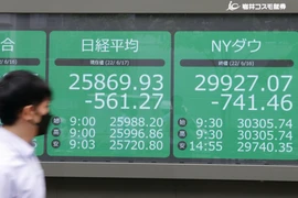 Bảng chỉ số chứng khoán tại Tokyo, Nhật Bản, ngày 17/6/2022. (Ảnh: Kyodo/TTXVN) 