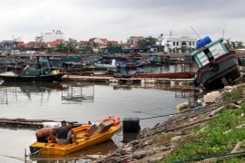 Tàu, lồng bè nuôi của người dân xã Tân An, thị xã Quảng Yên bị hư hỏng nặng. (Ảnh: Văn Đức/TTXVN)
