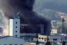 Khói bốc lên từ nhà máy dược phẩm ở thành phố Hwaseong. (Nguồn: Yonhap)