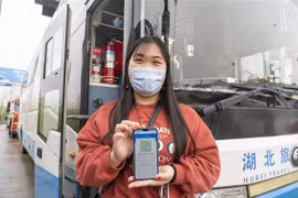 Một hành khách trình mã y tế để được phép đi lại tại trạm thu phí đường cao tốc ở Vũ Hán, Trung Quốc, ngày 24/3/2020. (Nguồn: THX/TTXVN) 