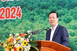 Chủ tịch nước Võ Văn Thưởng phát biểu tại Lễ phát động Tết trồng cây “Đời đời nhớ ơn Bác Hồ” Xuân Giáp Thìn 2024. (Ảnh: Thống Nhất/TTXVN)