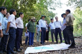 Đoàn công tác đi khảo sát thực tế tại huyện Hàm Thuận Nam. (Ảnh: Hồng Hiếu/TTXVN)