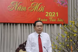 Ông Trần Thanh Mẫn phát biểu tại buổi đến thăm, chúc tết Quân khu 9. (Ảnh: Ngọc Thiện/TTXVN) 