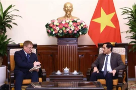 Bộ trưởng Ngoại giao Bùi Thanh Sơn tiếp Giám đốc điều hành Hội đồng Kinh doanh EU-ASEAN Chris Humphrey. (Ảnh: An Đăng/TTXVN)