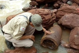 Quả bom được phát hiện ở khu vực biên giới xã Dân Hóa (huyện Minh Hóa, Quảng Bình) có trọng lượng khoảng 334 kg,đã mất phần đuôi nhưng còn nguyên thuốc nổ. (Ảnh: TTXVN phát) 