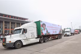 Đoàn xe xuất hành tiêu thụ vải tỉnh Bắc Giang. (Ảnh: Danh Lam/TTXVN) 