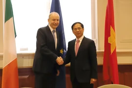 Phó Thủ tướng, Bộ trưởng Ngoại giao và Quốc phòng Ireland Micheál Martin đón Bộ trưởng Ngoại giao Bùi Thanh Sơn tại trụ sở Bộ Ngoại giao Ireland. (Ảnh: Phong Hà/TTXVN)