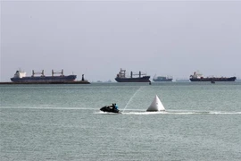 Tàu thuyền chờ đi qua Kênh đào Suez, Ai Cập, sau sự cố tàu hàng Ever Given mắc cạn tại đây, ngày 26/3/2021. (Nguồn: THX/TTXVN) 