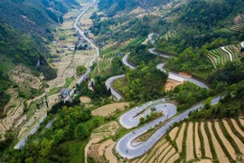 Dốc chín khoanh nằm trên Quốc lộ 4C hay "Con đường Hạnh Phúc." (Ảnh: Nam Thái/TTXVN)