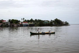 Ngư dân đưa thuyền về nơi an toàn tránh bão Julia tại cảng Bluefields, Nicaragua, ngày 8/10/2022. (Ảnh: AFP/TTXVN) 