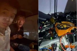 Ba chiếc xe độ cùng 2 thiếu niên núp trong thùng xe tải lưu thông trên Quốc lộ 51. (Nguồn: thanhnien.vn)