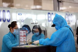 Hành khách làm thủ tục tại sân bay Nội Bài. (Ảnh: Huy Hùng/TTXVN)