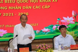 Phó Thủ tướng Thường trực Chính phủ, Phó Chủ tịch Hội đồng bầu cử Quốc gia Trương Hòa Bình phát biểu tại buổi làm việc. (Ảnh: Chương Đài/TTXVN)