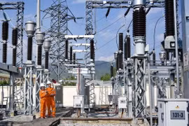 Công nhân Điện lực tỉnh Điện Biên kiểm tra phóng điện cục bộ thiết bị bằng máy PD tại Trạm 110kV Điện Biên. (Ảnh: Xuân Tư/TTXVN)