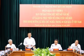 Ông Đinh Tiến Dũng, Ủy viên Bộ Chính trị, Bí thư Thành ủy Hà Nội, Trưởng Đoàn Khảo sát Nhóm 6 Ban Chỉ đạo Trung ương phát biểu tại hội nghị. (Ảnh: Thanh Vũ/TTXVN)