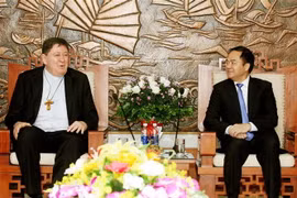 Trưởng ban Tôn giáo Chính phủ Vũ Chiến Thắng tiếp Hồng y Joao Braz de Aviz. (Ảnh: Nguyễn Dân/TTXVN)
