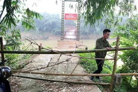 Do cầu treo bị hư hỏng nặng, rất nguy hiểm, nên xã Văn Luông đã cắt cử lực lượng công an xã ứng trực bên cầu, ngăn người dân không bắc thang leo lên cầu để qua sông. (Ảnh: Trung Kiên/TTXVN)