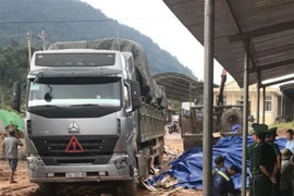 Số gỗ được giấu kín trong những kiện hàng phế liệu được các xe tải kéo rơmóc chở từ Lào về Việt Nam. (Ảnh: Thanh Thủy/TTXVN)