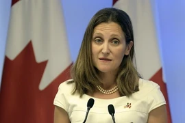 Ngoại trưởng Canada Chrystia Freeland phát biểu tại một cuộc họp báo ở Mexico City, Mexico. (Nguồn: AFP/TTXVN)