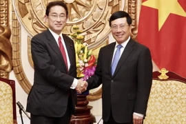 Phó Thủ tướng, Bộ trưởng Bộ Ngoại giao Phạm Bình Minh tiếp ông Fumio Kishida, Trưởng Ban Nghiên cứu chính sách của Đảng Dân chủ Tự do (LDP) Nhật Bản, tại Hà Nội, ngày 4/5. (Ảnh: Lâm Khánh/TTXVN)