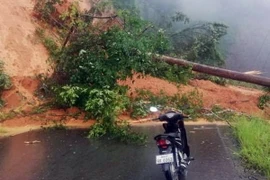 Các điểm sạt lở nghiêm trọng trên tuyến đường huyết mạch từ khu vực Cửa khẩu Quốc tế Bờ y sang Lào. (Ảnh: Quang Thái/TTXVN)