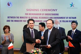 Bộ Tài nguyên và Môi trường Việt Nam và Bộ Môi trường, Đất đai và Biển Italy ký kết biên bản ghi nhớ hợp tác giữa hai bộ. (Ảnh: Trọng Đạt/TTXVN)