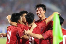 Các cầu thủ Olympic Việt Nam. (Ảnh: Trọng Đạt/TTXVN)