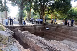 Các đại biểu tham quan điểm khai quật tại chùa Linh Sơn-thuộc Khu di tích Óc Eo, tại ấp Trung Sơn, thị trấn Óc Eo, huyện Thoại Sơn, tỉnh An Giang. (Ảnh: Công Mạo/TTXVN)