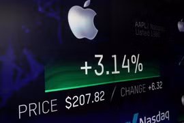 Màn hình điện tử hiển thị giá cổ phiếu của Apple trên trang web sàn giao dịch chứng khoán Nasdaq, New York (Mỹ), ngày 2/8. (Nguồn: Reuters)