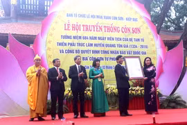 Đón nhận quyết định của Thủ tướng Chính phủ công nhận bia Côn Sơn Tư Phúc Tự Bi là bảo vật quốc gia. (Ảnh: Mạnh Minh/Vietnam+)
