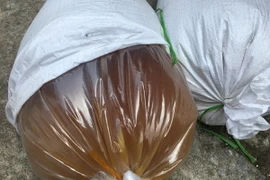 Số mỡ động vật vừa bị Trạm Cảnh sát Giao thông Quảng Xương bắt giữ. (Ảnh: Hoa Mai/TTXVN)