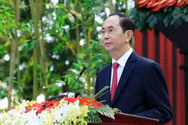 Chủ tịch nước Trần Đại Quang đọc diễn văn kỷ niệm 130 năm Ngày sinh Chủ tịch Tôn Đức Thắng. (Ảnh: Nhan Sáng/TTXVN)
