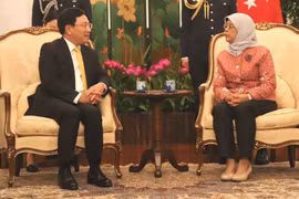 Phó Thủ tướng, Bộ trưởng Ngoại giao Phạm Bình Minh đến chào xã giao Tổng thống Singapore Halimah Yacob. (Ảnh: Xuân Vịnh/TTXVN)
