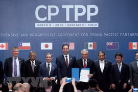 Đại diện các nước tham gia lễ ký Hiệp định CPTPP chụp ảnh chung tại hội nghị ở Santiago ngày 8/3. (Nguồn: AFP/TTXVN)