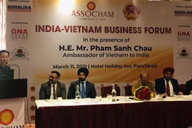 Đại sứ Việt Nam tại Ấn Độ Phạm Sanh Châu phát biểu tại Diễn đàn. (Ảnh: Huy Lê/TTXVN)