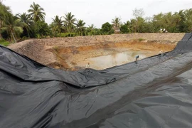 Nhà vườn ở Chợ Lách đào ao, phủ bạt để trữ nước ngọt ứng phó với hạn mặn. (Ảnh: Trần Thị Thu Hiền/TTXVN)