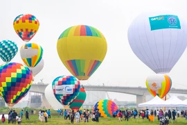 Sáng 25/3 tại khu vườn nhãn quận Long Biên, dàn khinh khí cầu khổng lồ đầy màu sắc đã 'cất cánh' chào đón sự kiện du lịch của Hà Nội. (Ảnh: Minh Sơn/Vietnam+) 