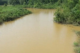 Dòng suối khe Hai vốn xanh, bây giờ vì ô nhiễm nước thải Nhà máy tinh bột Long Giang đã chuyển sang màu đỏ và hôi hám. (Ảnh: Song Trang/Vietnam+)