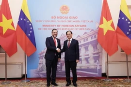 Bộ trưởng Ngoại giao Bùi Thanh Sơn với Bộ trưởng Ngoại giao Cộng hòa Bolivar Venezuela Yvan Gil Pinto. (Ảnh: Lâm Khánh/TTXVN)