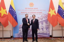 Bộ trưởng Ngoại giao Bùi Thanh Sơn với Bộ trưởng Ngoại giao Cộng hòa Bolivar Venezuela Yvan Gil Pinto. (Ảnh: Lâm Khánh/TTXVN)