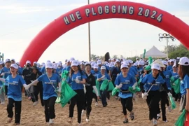 32 đội chơi với hơn 350 người tham gia thi đi bộ nhặt rác, trên quãng đường gần 5km dọc bờ biển phường Thuận An, thành phố Huế. (Ảnh: Tường Vi/TTXVN)