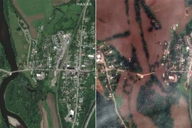 Cảnh ngập lụt sau những trận mưa lớn tại Richmond, bang Vermont, Mỹ, ngày 11/7/2023 (phải). (Ảnh: AFP/TTXVN)