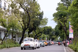 Diễu hành xe ôtô cổ trên đường Lê Lợi ven sông Hương. (Ảnh: Đỗ Trưởng/TTXVN)