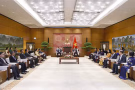 Chủ tịch Quốc hội Vương Đình Huệ tiếp ông Anouphap Tounalom - Bí thư Trung ương Đảng Nhân dân Cách mạng Lào, Bí thư Thành ủy, Chủ tịch Hội đồng Nhân dân thủ đô Vientiane (Lào), chiều 10/8/2022. (Ảnh: Doãn Tấn/TTXVN)