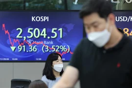 Biểu đồ chỉ số chứng khoán KOSPI tại Ngân hàng Hana ở Seoul (Hàn Quốc), ngày 13/6/2022. (Ảnh: Yonhap/TTXVN)