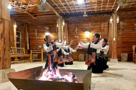 Những người phụ nữ Thái ở Sơn La biểu diễn điệu múa cổ truyền, chào đón du khách đến thăm bản làng. (Ảnh: Minh Thu/Vietnam+)