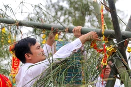 Nghi lễ dựng cây nêu ngày Tết tại Làng Văn hóa-Du lịch các dân tộc Việt Nam. (Ảnh: Tuấn Đức/TTXVN)