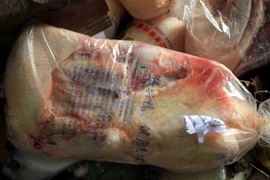 Toàn bộ số thịt gia cầm đều đựng trọng túi nilon có ghi chữ Trung Quốc. (Ảnh: Quốc Đạt/TTXVN)