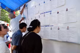 Cử tri phường 9, thành phố Cà Mau tìm hiểu danh sách niêm yết tiểu sử từng ứng cử viên trước khi bỏ phiếu bầu. (Ảnh: Kim Há/TTXVN)