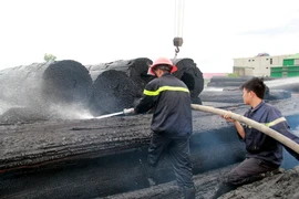 Các lực lượng chức năng nỗ lực dập tắt đám cháy. (Ảnh: Tá Chuyên/TTXVN) 